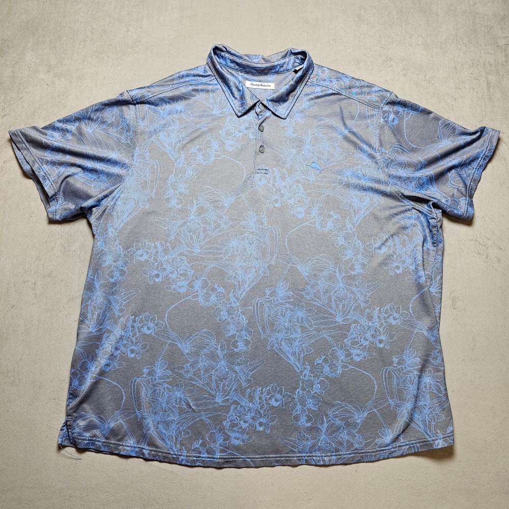 Tommy Bahama Mens 3XL Blue Grey‎ Floral Print Pique Short Sleeve Polo Shirt